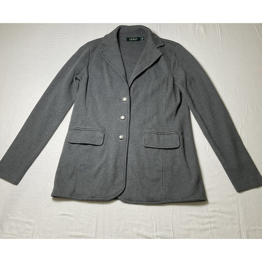 Lauren Ralph Lauren Gray Sweater Knit Blazer Jacket Womens Sz L Button Front 570